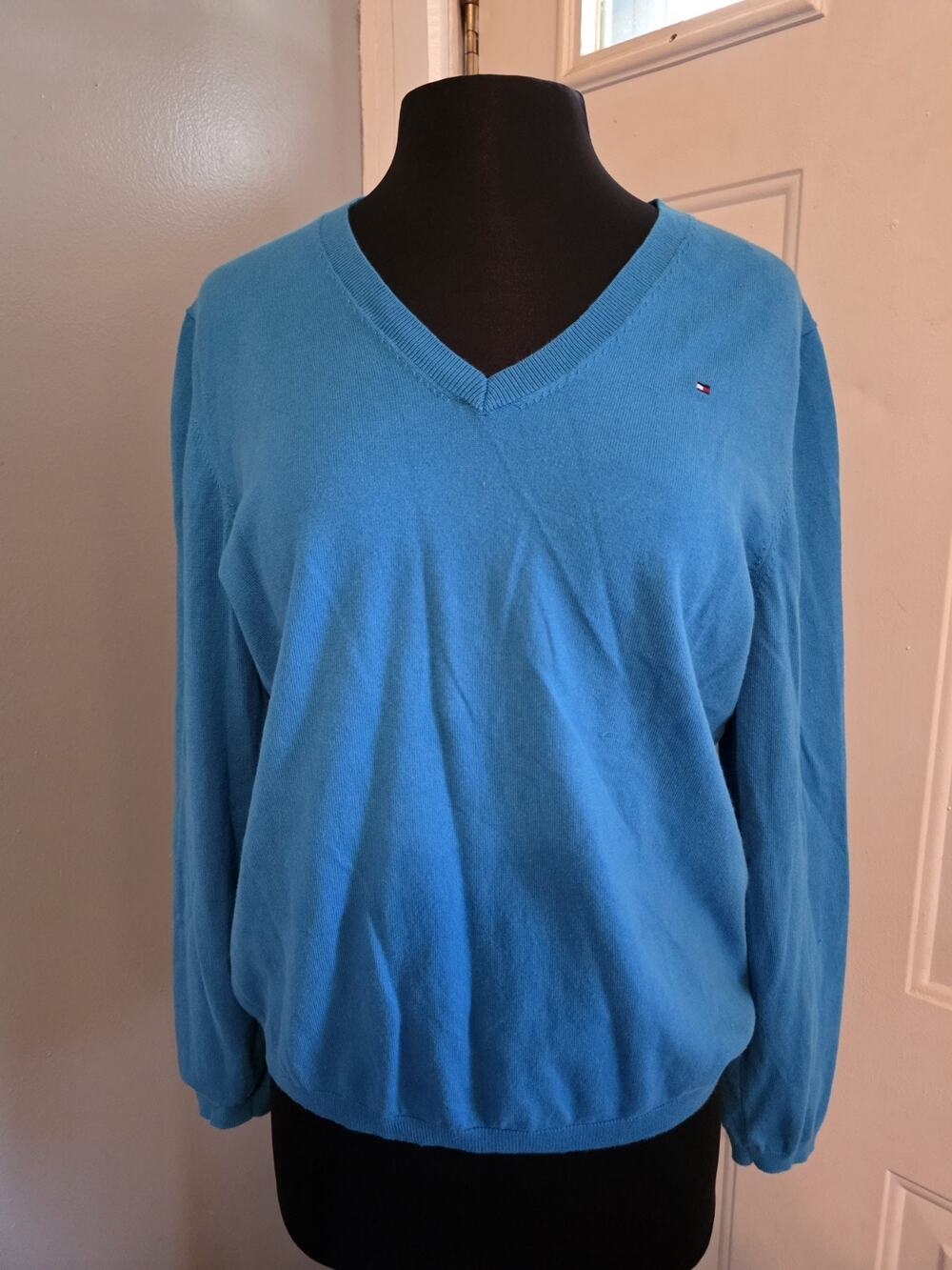 TOMMY HILFIGER Pima Cotton V Neck Sweater Mens Size XL Blue Warm Soft Preppy
